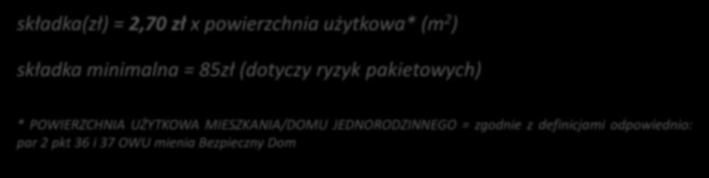 cywilna w życiu prywatnym składka(zł) = 2,70 zł x powierzchnia użytkowa* (m składka: 2 ) składka składka(zł)= minimalna 2,70zł x = powierzchnia 85zł (dotyczy użytkowa ryzyk