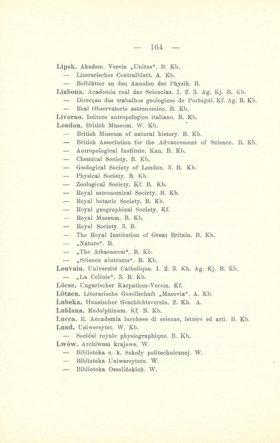 164 Lipsk. Akadem. Verein Unitas". B. Kb. Literarisches Centralblatt. A. Kb. Beiblatter zu den Annalen der Physik. B. Lizbona. Aeademia real das Seiencias. 1. 2. 3. Ag. Kj. B. Kb. Direcęao dos trabalhos geologicos de Portugal.