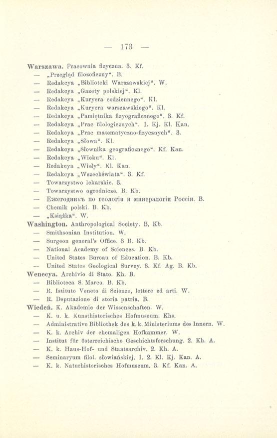 173 - Warszawa. Pracownia fizyczna. 8. Kf. Przegląd filozoficzny". B. Redakcya Biblioteki Warszawskiej". W. Redakcya Gazety polskiej". Kl. Redakcya Kuryera codziennego". Kl. Redakcya Kuryera warszawskiego".