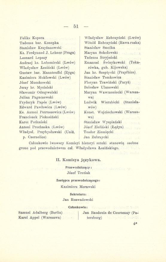 51 Feliks Kopera Tadeusz bar. Konopka Stanisław Krzyżanowski Ks. Ferdynand J. Lebner (Praga) Leonard Lepszy Andrzej ks. Lubomirski (Lwów) Władysław Łoziński (Lwów) Gustaw bar.