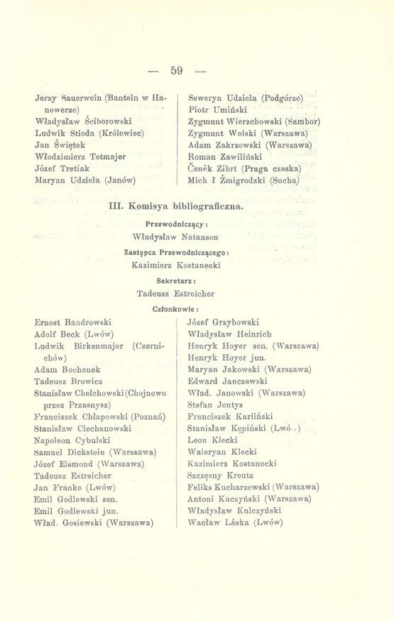 59 Jerzy Sauerwein (Banteln w Hanowerze) Władysław Ściborowski Ludwik Stieda (Królewiec) Jan Świętek Włodzimierz Tetmajer Józef Tretiak Maryan Udziela (Janów) Seweryn Udziela (Podgórze) Piotr Umiński