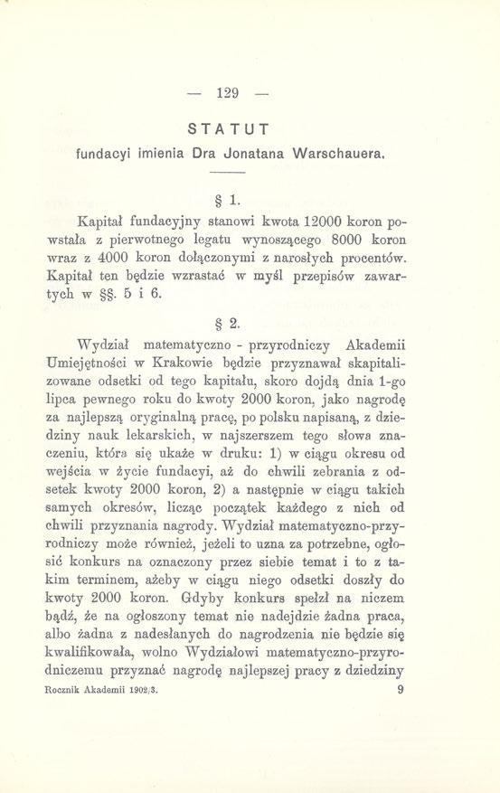 129 - STATUT fundacyi imienia Dra Jonatana Warschauera. 1.