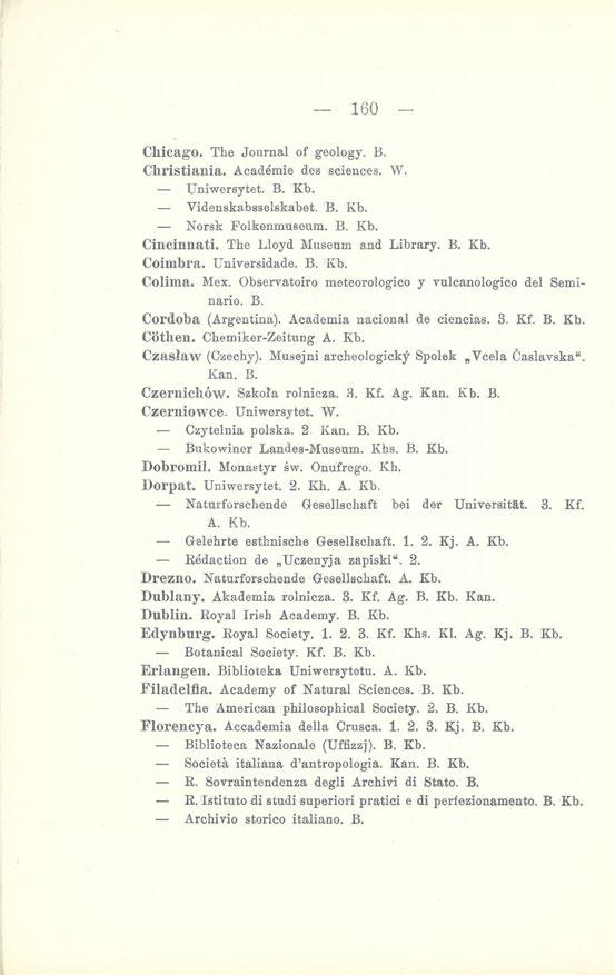 - 160 Chicago. The Journal of geology. B. Christiania. Academie des sciences. W. Uniwersytet. B. Kb. Yidenskabsselskabet. B. Kb. Norsk Folkenmuseum. B. Kb. Cinciimati. The Lloyd Museum and Library. B. Kb. Coimbra.