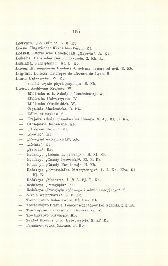165 - Louvain. La Cellule". 3. B. Kb. Locse. Ungarischer Karpathen-Yerein. Kf. Lotzen. Literarische Gesellschaft Masovia". A. Kb. Lubeka. Hansłscher Geschichtsverein. 2. Kh. A. Lubiana. Rudolphinum.