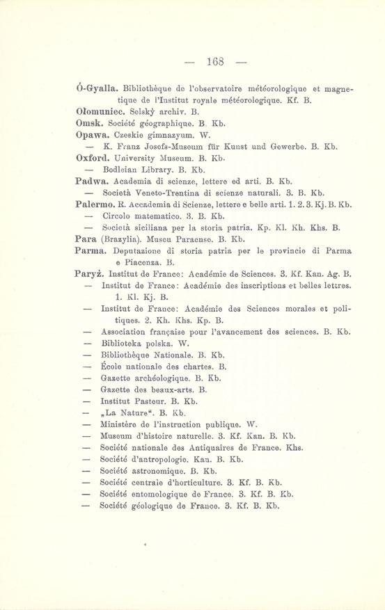 168 - Ó-Gryalla. Bibliotheque de l'observatoire meteorologique et rnagnetique de 1'Institut royale mśteorologique. Kf. B. Ołomuniec. Selsky archiv. B. Omsk. Societe geographique. B. Kb. Opawa.