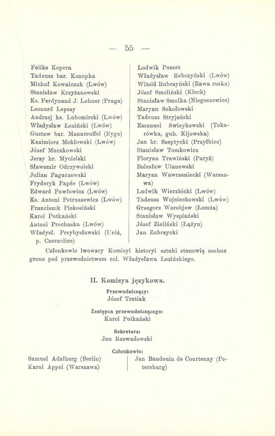 55 Feliks Kopera Tadeusz bar. Konopka Michał Kowalczuk (Lwów) Stanisław Krzyżanowski Ks. Ferdynand J. Lehner (Praga) Leonard Lepszy Andrzej ks. Lubomirski (Lwów) Władysław Łoziński (Lwów) Gustaw bar.