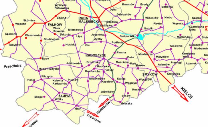 Mapa nr 5: Przebieg dróg na terenie gminy Smyków Tabela 27 Przebieg dróg powiatowych w poszczególnych sołectwach L.p. Nazwa inwestycji Sołectwa przez które przebiega droga powiatowa 1.