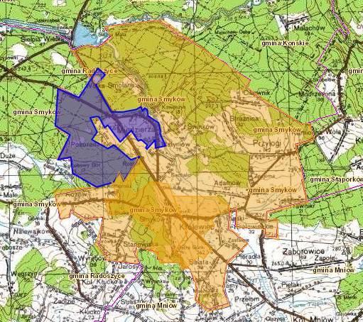 Mapa 6 Kolorem niebieskim zaznaczono sołectwo Miedzierza (na tle gminy)