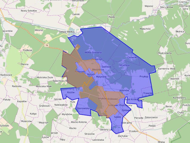 Mapa 7 Kolorem pomarańczowym zaznaczono obszar rewitalizacji (na tle