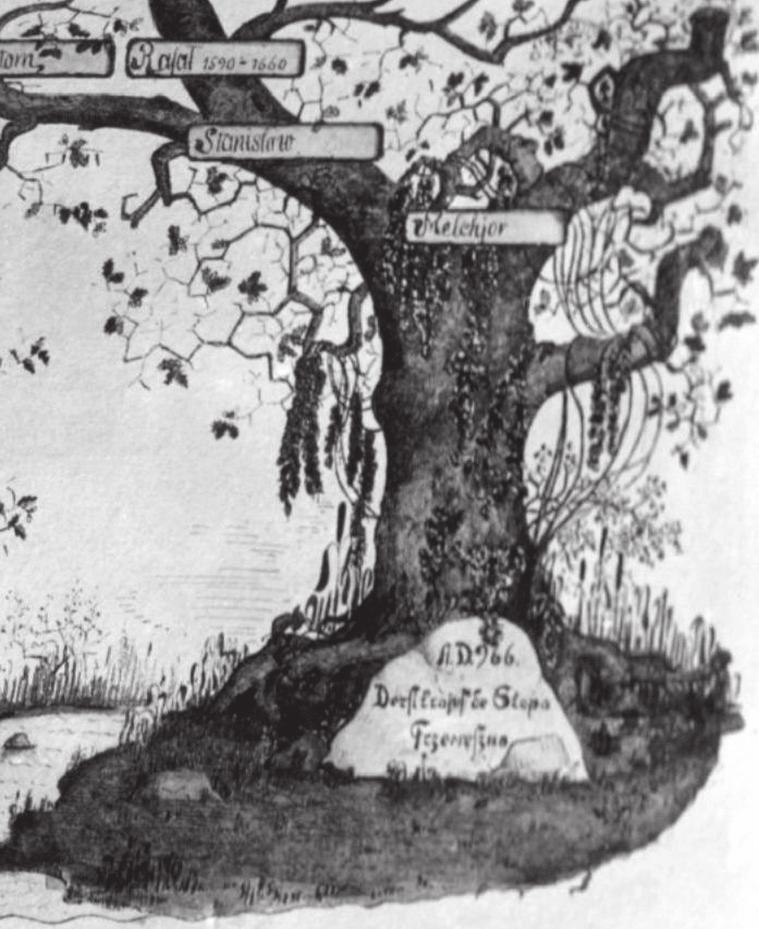 1 pav. 1934 m. Gorskių genealoginio medžio fragmentas, kuriame užfiksuotas įrašas apie legendinį Nalenč herbo giminės pradininką Dziežikrajų, LNB RS, f. 30, ap. 1, b. 1557.