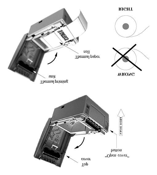 Schemat poglądowy zakładania papieru: ZAKŁADANIE ROLKI PAPIEROWEJ Pokrywa górna Przycisk otwarcia pokrywy górnej Głowica drukująca UŁOŻENIE ROLKI TERMICZNEJ ŹLE Rolka POPRAWNIE W celu poprawnego