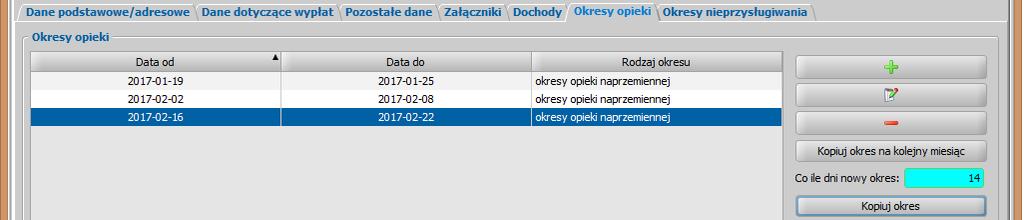 3. Dodanie możliwości skopiowania wprowadzonego już okresu opieki naprzemiennej we wskazanych przez użytkownika odstępach poprzez wskazanie