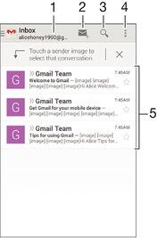 1 Wyświetlanie listy wszystkich kont Gmail i ostatnio otwieranych folderów 2 Pisanie nowej wiadomości e-mail 3 Wyszukiwanie wiadomości e-mail 4 Uzyskiwanie dostępu do ustawień i opcji 5