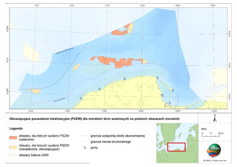 Projekty morskich farm wiatrowych w Polsce Mapa planowanych inwestycji na obszarze wyłącznej strefy ekonomicznej Polski 9 prawomocnych decyzji lokalizacyjnych dla