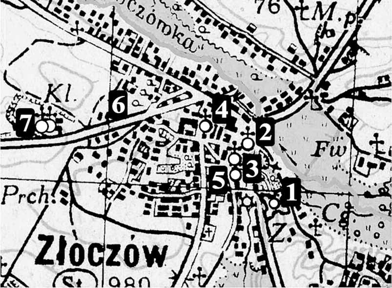 Mapa 27. Złoczów na mapie WIG z oznaczeniem obiektów sakralnych: 1. zamek z kaplicą; 2. kościół parafialny (dawny klasztor Pijarów); 3. cerkiew pw.