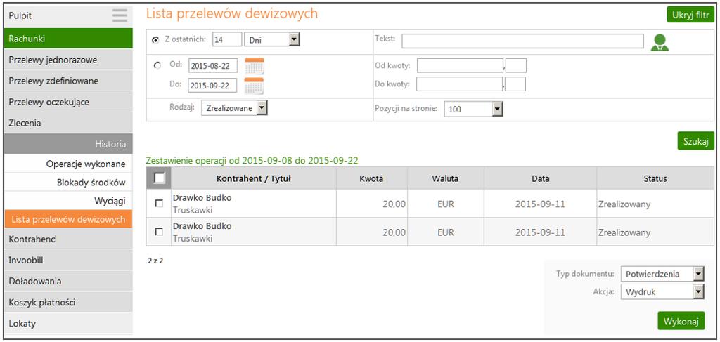 Kontrahenci Menu Kontrahenci jest dostępne w wyniku wyboru dowolnego rachunku z menu Lista rachunków.