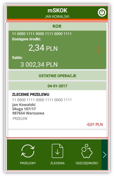 3.2 STRONA STARTOWA Po prawidłowym zalogowaniu się do Aplikacji mobilnej pojawi się strona startowa, która składa się z następujących elementów: 1 2 3 1.