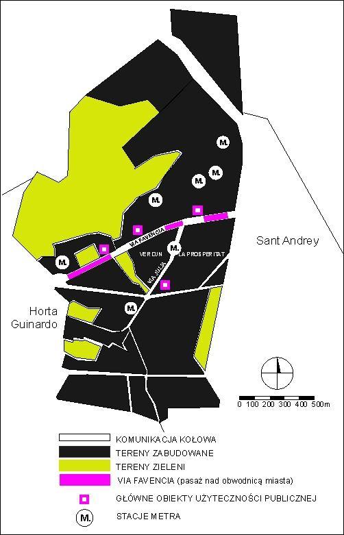 Ryc. 2. Dostępność przestrzeni publicznych w dzielnicy Nou Barris Źródło: opracowanie własne Transport i dostępność.
