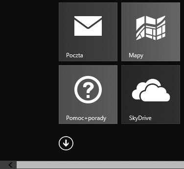 Poruszanie się po ekranie startowym 3 Poruszanie się po ekranie startowym Na ekranie startowym często będziemy mieć więcej kafelków, niż mieści się na jego widocznej części, trzeba więc poznać więcej