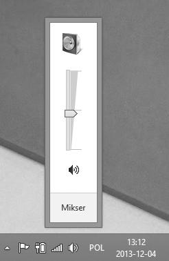 28 Rozdział : Poznawanie systemu Windows 8. Dźwięk Kliknięcie ikony prezentuje suwak, którego przesunięcie pozwala zwiększyć lub zmniejszyć głośność.