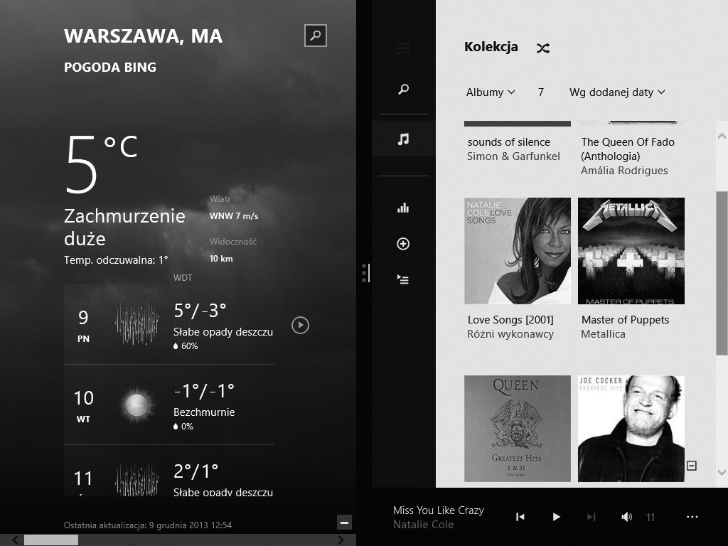 36 Rozdział : Poznawanie systemu Windows 8. Zaznaczane będą kolejno różne miniatury. 6 Po pojawieniu się miniatury Muzyka puść oba klawisze. Otworzy się aplikacja Muzyka.