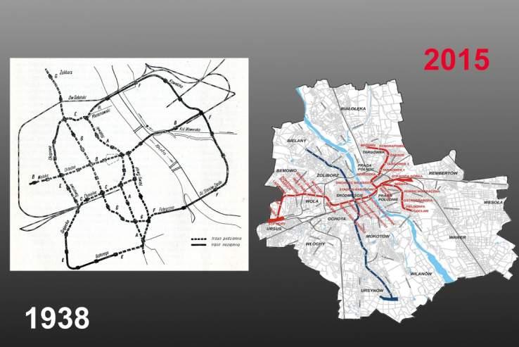 Rys. 1. Plany budowy kolei podziemnej w Warszawie w roku 1938 [2] i 2015 [3] Fig. 1. Warsaw underground rail construction plans from 1938[2] and 2015 [3] W czasie okupacji nie przerwano studiowania zagadnie i gromadzenia materia ów.