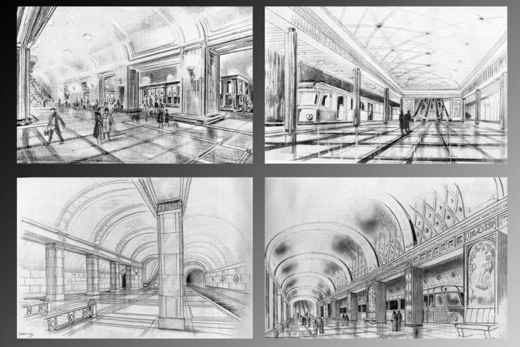 Rys. 2. Wizualizacje stacji metra z roku 1949 [1] Fig. 2. Metro station concept drawings from 1949 [1] Jak widzimy koncepcje te stylistycznie nawi zywa y do modeli spektakularnych stacji radzieckich pa aców podziemnych.