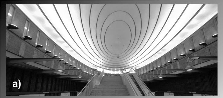 Rys. 3. Stacja metra na Pl. Wilsona na oliborzu w Warszawie (A. Marecki 2015): a) wn trze stacji z owalnym stropem, b) wej cie do stacji, c) strop klatki Fig. 3. The Plac Wilsona metro station located in the oliborz district of Warsaw (Photo by author, 2015): a) interior of the station with an oval ceiling, b) station entrance, c) stairway ceiling 1.