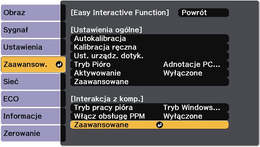 Sterownie funkcjmi komputer z ekrnu projekcji (interktywny tryb komputer) 129 c Wybierz ustwienie Esy Interctive Function i nciśnij przycisk