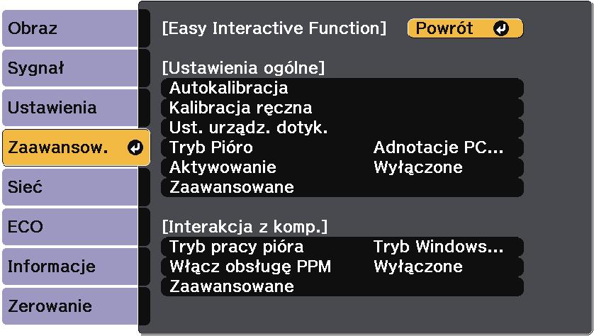 Ustwieni konfigurcji projektor - Menu Zwnsow. 227 Ustwienie Opcje Opis Zwnsowne (sekcj Adnotcje PC Free) Tryb sync. przew.