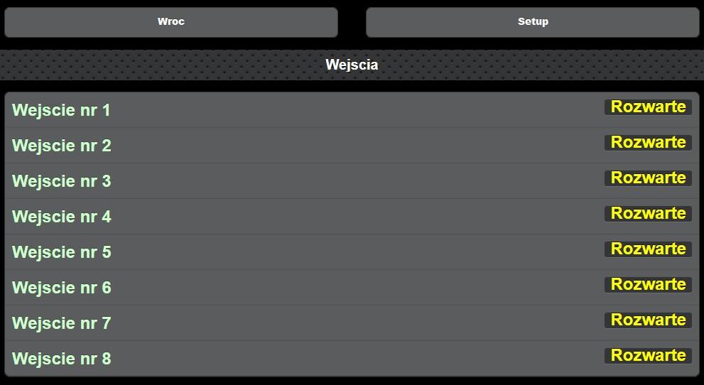 3. Wejścia Odczyt (setup) W sekcji tej otrzymujemy informacje o czujnikach (zwarte czujnik podłączony, rozwarte czujnik odłączony).