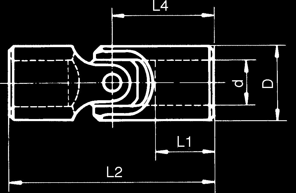 Przegub falisty pojedynczy z panewk¹ DIN 808 - G patrz ni ej Uszlachetniona stal C 45 d L1 L2 L4 Kod H7 D 0 / -1 ± 1 ± 0.5 kg T 60504 6 10 14 40 20.0 0.014 T 64190* 6 16 9 34 17.0 0.036 T 17686 8 13 13 42 21.