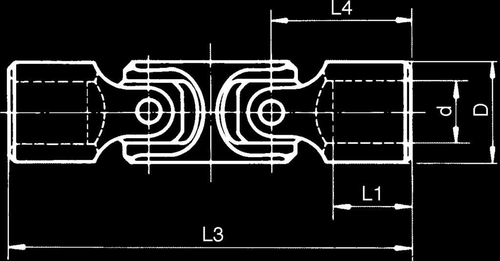 Przegub falisty podwójny z panewk¹ DIN 808 - G patrz ni ej Uszlachetniona stal C 45 d L1 L3 L4 Kod H7 D 0 / -1 ± 1 ± 0.5 kg T 64188 6 16 9 56 17.0 0.057 T 17696 8 13 13 60 21.0 0.035 T 64237* 8 16 10 62 20.