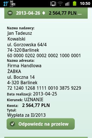 Zostanie rozwinięte pole ze szczegółami dokumentu. Na rysunku 3.12 wyświetlone zostały informacje o obciążeniu na rachunku.