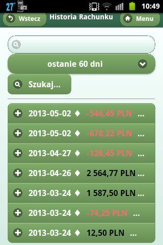 Numer rachunku adresata, Data realizacji, Kierunek (UZNANIE, OBCIĄŻENIE), Kwota, Tytuł.