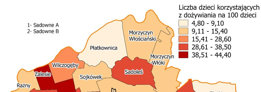Miejscowość Liczba Udział Liczba dzieci korzystających z dożywiania na dzieci % 100 dzieci Sokółka 7 3,8 14,3 Szynkarzyzna 10 5,4 22,2 Wilczogęby 6 3,2 28,6 Zalesie 10 5,4 41,7 Zarzetka 10 5,4 38,5