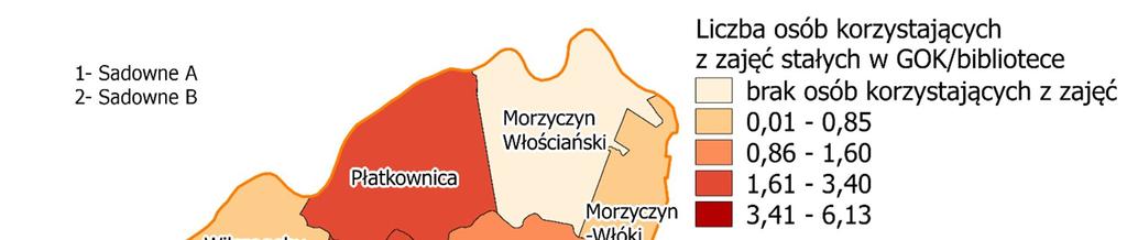 Rysunek 4. Liczba osób korzystających z zajęć stałych w GOK/ bibliotece na 10