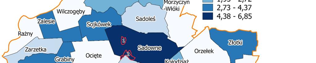zawieszonych przedsiębiorstw Odsetek przedsiębiorców w przeliczeniu na mieszkańców (%) Uwagi Bojewo 10 3 6,8 Grabiny 6 0 4,0 Kolonia Złotki 1