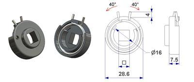 352.n MAZ0028B16/00NA Wspornik T2 d 29x7,5 mm ze sprężyną prawelewe nóżka 6 mm, otwór d 16 mm, kwadrat 8 mm czarny 352.q MAZ0028D16/0001 352.