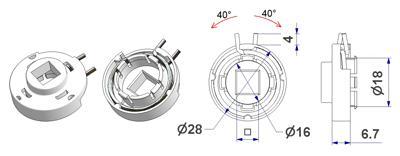 Wspornik T5 d 28x6,7 mm, z połączeniem zatrzaskowym, ze sprężyną prawelewe nóżka 6 mm, otwór d 16 mm, kwadrat 8 mm z uszczelką 16x22x2 od