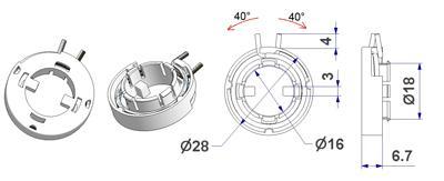 w MAZ0028D16/02AG Wspornik T5 d 28x6,7 mm, z połączeniem zatrzaskowym, ze sprężyną prawelewe nóżka 6 mm, otwór d 16 mm, do uchwytu