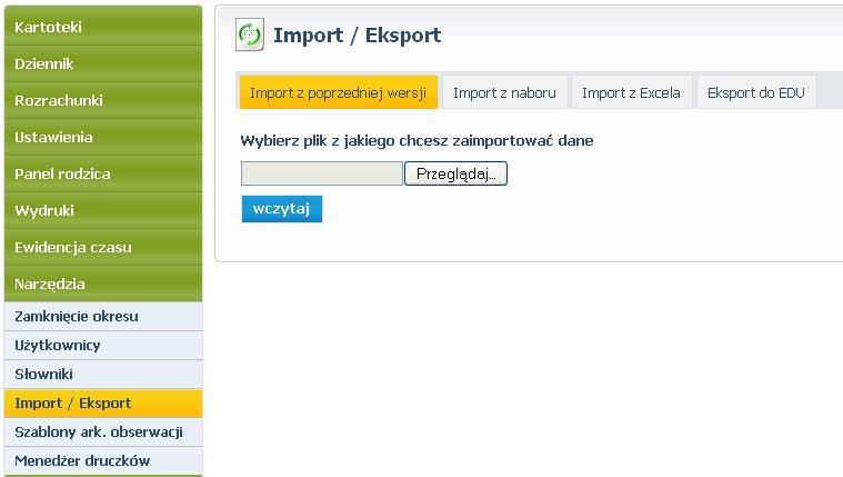 Import danych Importu danych z poprzedniej wersji programu (Ewidencja dzieci) dokonujemy w zakładce Narzędzia >> Import/Eksport. Więcej na ten temat w rozdziale Narzędzia >> Import / Eksport.
