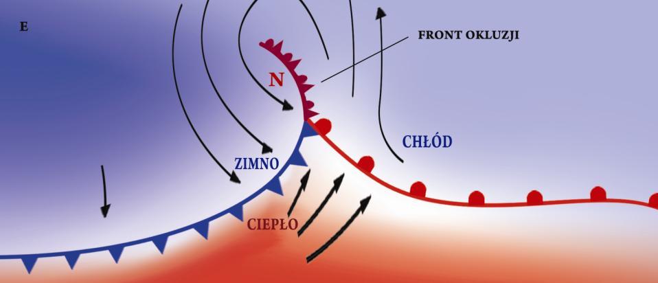 Proces okludowania się frontów. Kiedy front chłodny zaczyna doganiać poprzedzający go front ciepły zaczyna się proces, który nazywamy procesem okludowania się frontów.