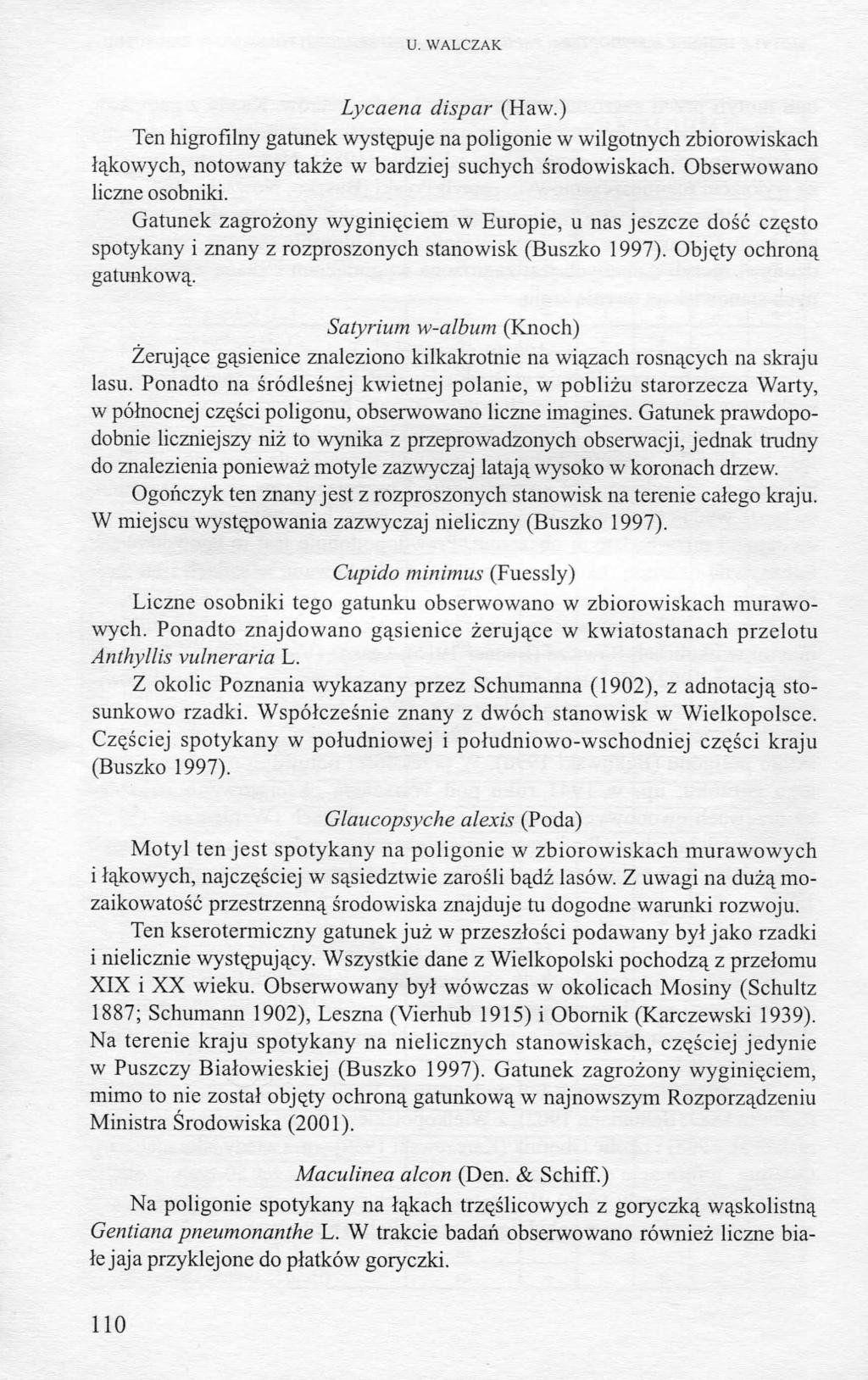 U. WALCZAK Lycaena dispar (Haw.) Ten higrofilny gatunek wystejje na poligonie w wilgotnych zbiorowiskach lajcowych, notowany takze w bardziej suchych srodowiskach. Obserwowano liczne osobniki.