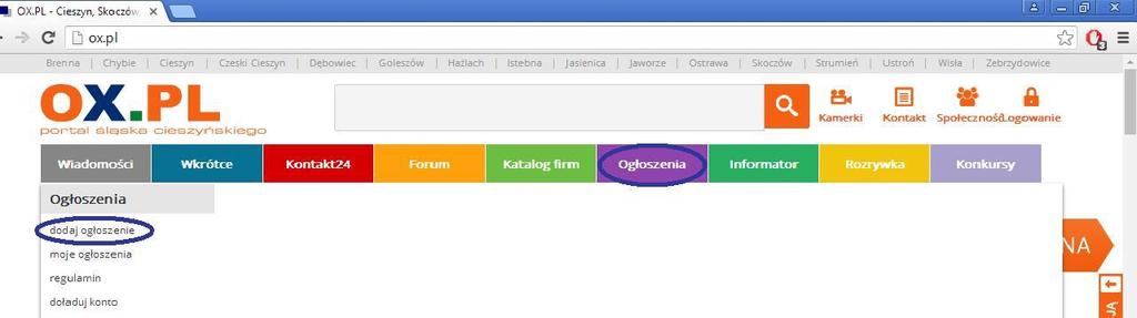 11 z 18 4. Dodawanie ogłoszeń Dodawać ogłoszenia mogą użytkownicy którzy posiadają konto na portalu OX.PL i są zalogowani na to konto.