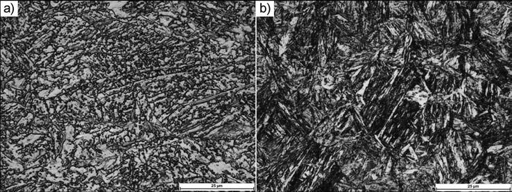 8000 steel fine-grained structure of hardening without visible banding features. Etched with 2%