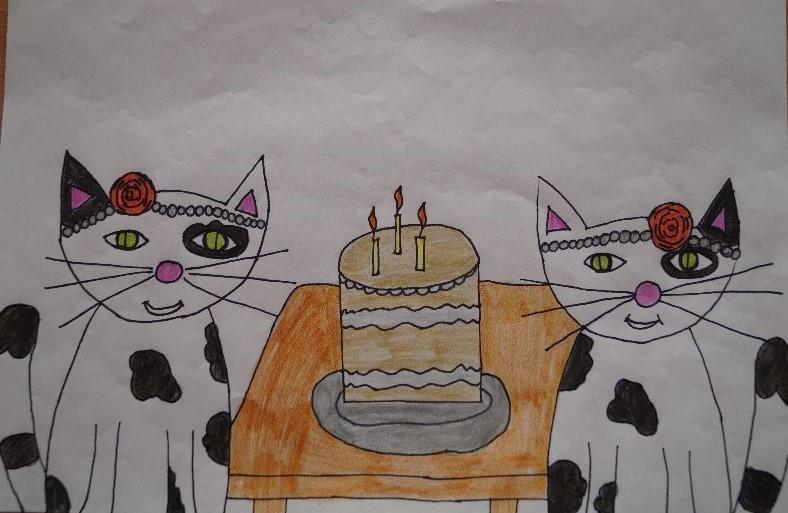 Wreszcie nadszedł ten dzień, na który tak długo czekały. Rodzice przygotowali im tort. Lila i Pusia zeszły do kuchni gdzie spotkały rodziców. Mówiły jednocześnie rodzicom że dziś ich urodziny.