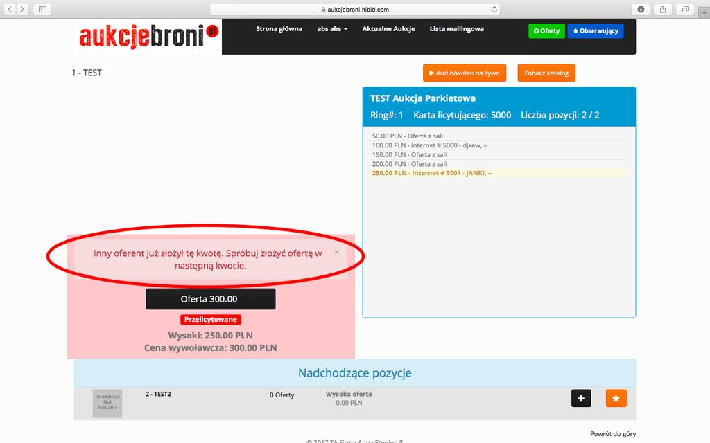 Aby złożyć kolejną ofertę należy ponownie kliknąć przycisk z ofertą, która automatycznie została podwyższona o wysokość postąpienia.