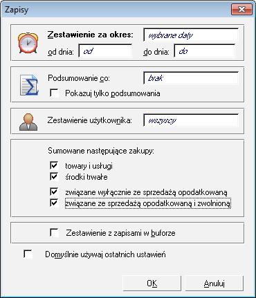 Zestawienia zakupów Na zestawieniu Zakup za okres dostępnym z kartoteki Rejestr zakupów parametry dostosowano do nowej