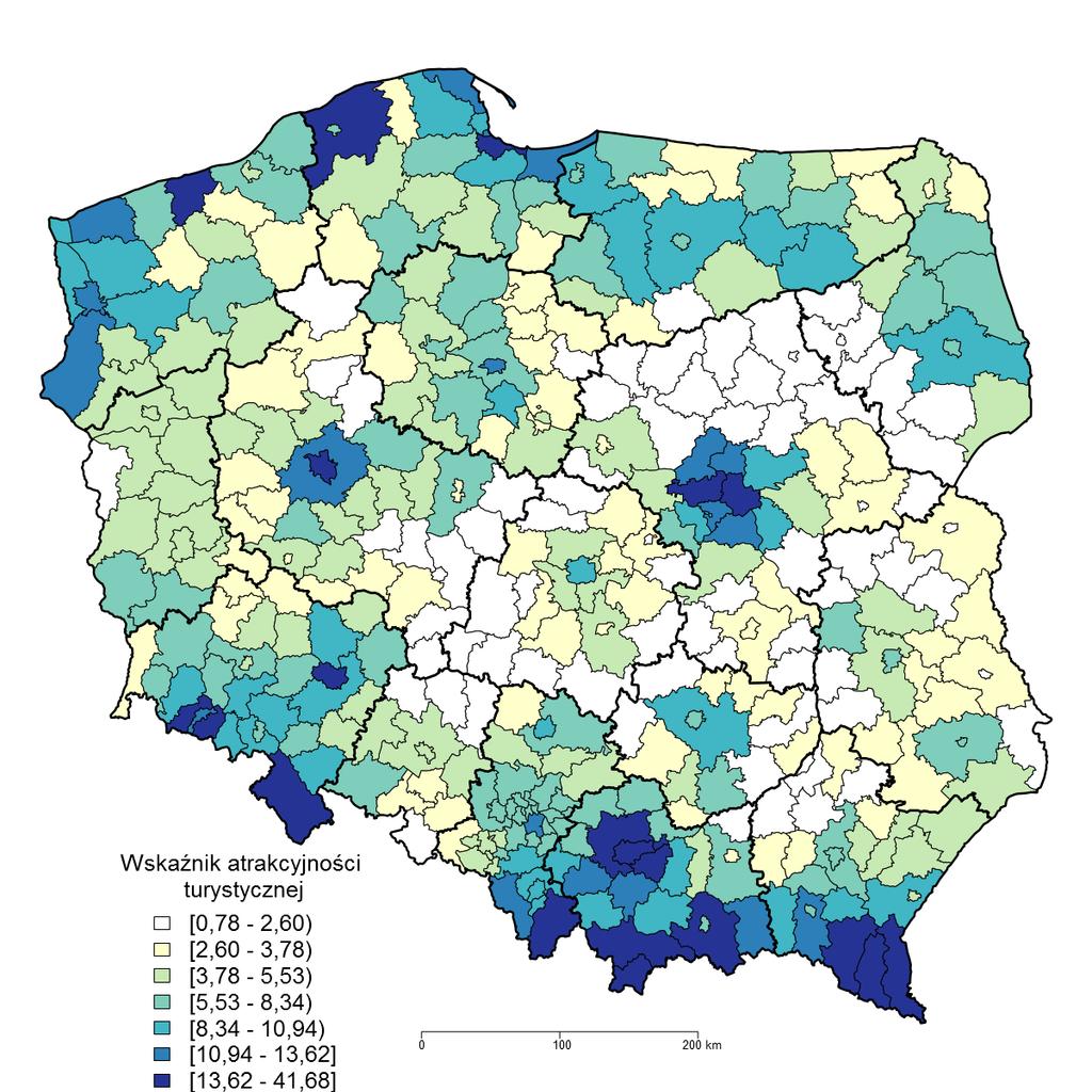 Zróżnicowanie atrakcyjności turystycznej (źródło: Analiza walorów turystycznych powiatów i ich bezpośredniego otoczenia na podstawie danych